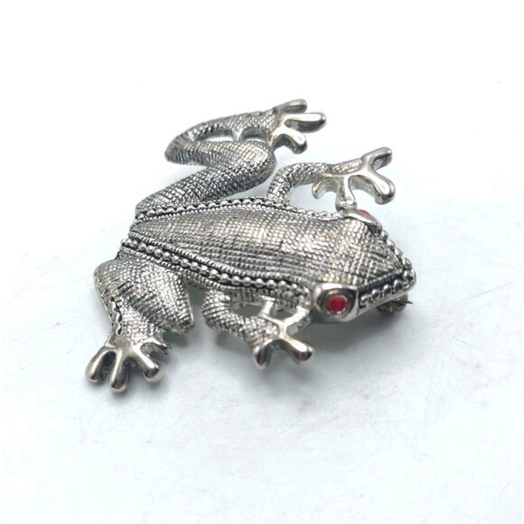 Vintage Ornate Silver Tone Frog Brooch Pin Red Eye Statement 2.75" 23g Cute Gift - Picture 3 of 9